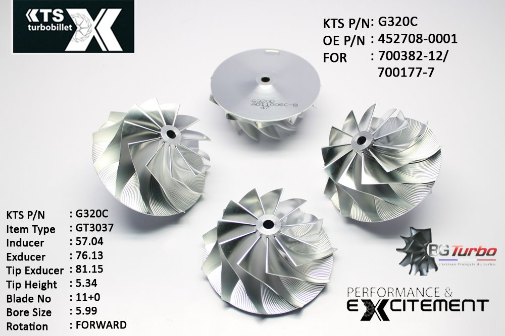 Turbo ROUE FORGÉE MFS PERFORMANCE - 11+0 PALES - INDUCER : 57,04 - EXDUCER : 76,13 - TYPE : GT3037ANGLE : 55° - ROTATION : Forward - SUPER BACK : 2,36 - BORE SIZE : 5,99
